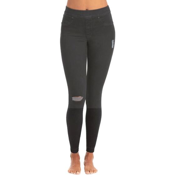 Spanx Distressed Denim Leggings Skinny Jeggings Mid Rise Black Denim Womens M - Picture 1 of 9